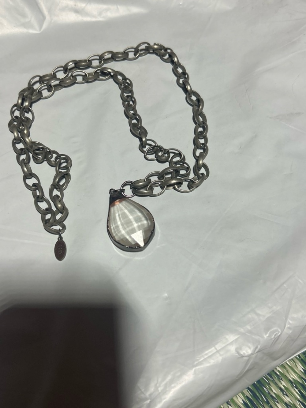 Chunky Silver Chain Necklace with Clear Teardrop Pendant